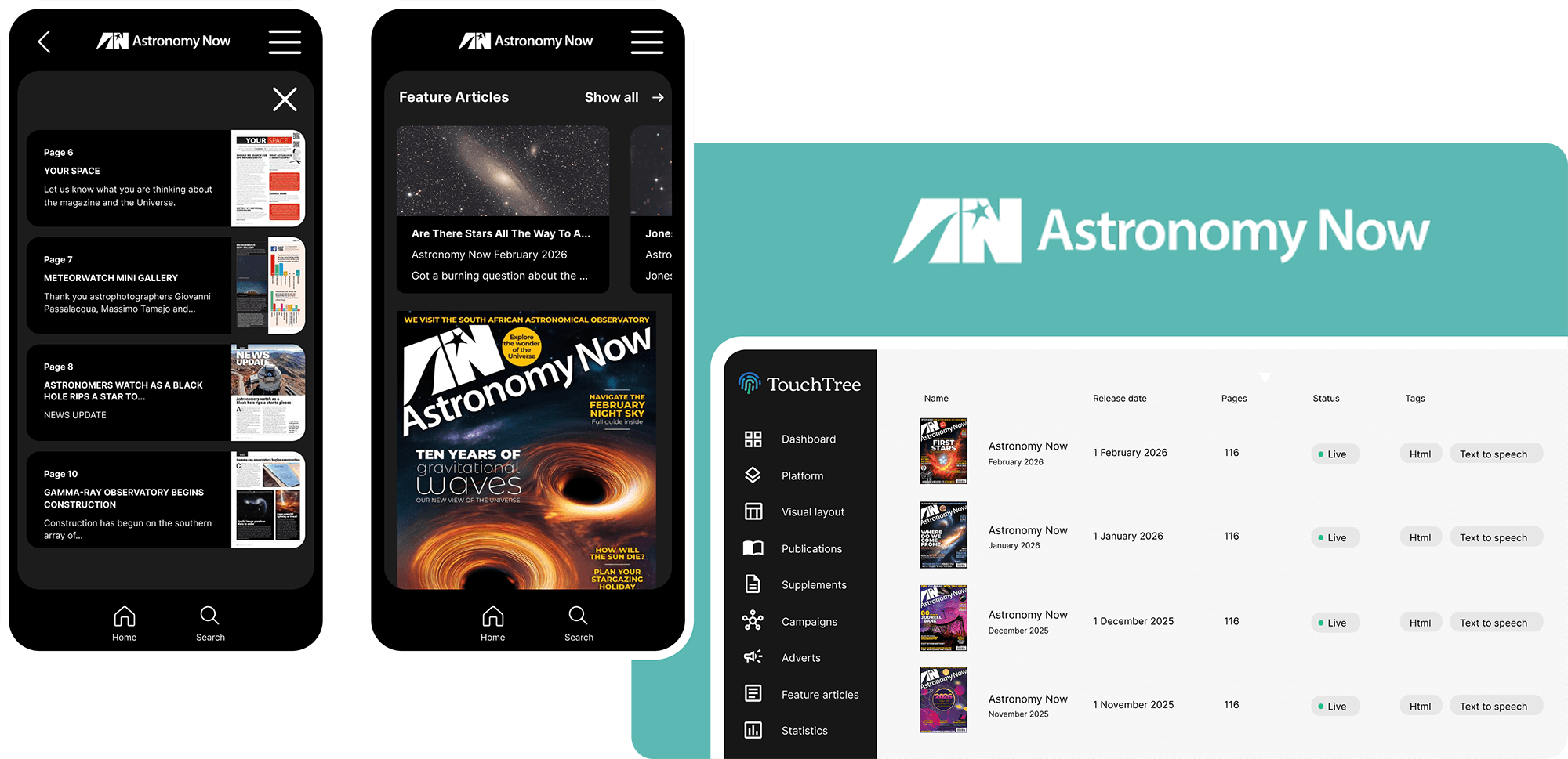 Astronomy Now on TouchTree: page-by-page contents, feature articles and the TouchTree publishing dashboard
