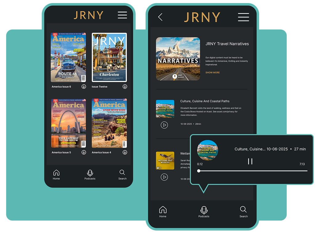 JRNY on TouchTree: issue library alongside a podcast channel with an audio player