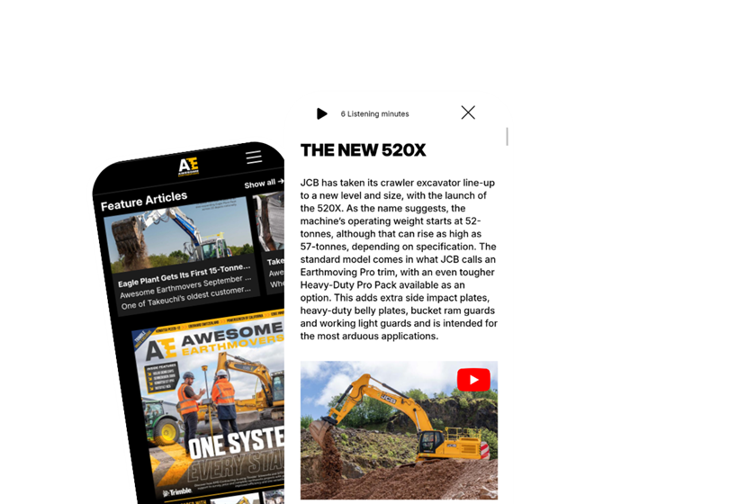 Awesome Earthmovers on phones: feature articles and the JCB 520X article with an embedded YouTube video